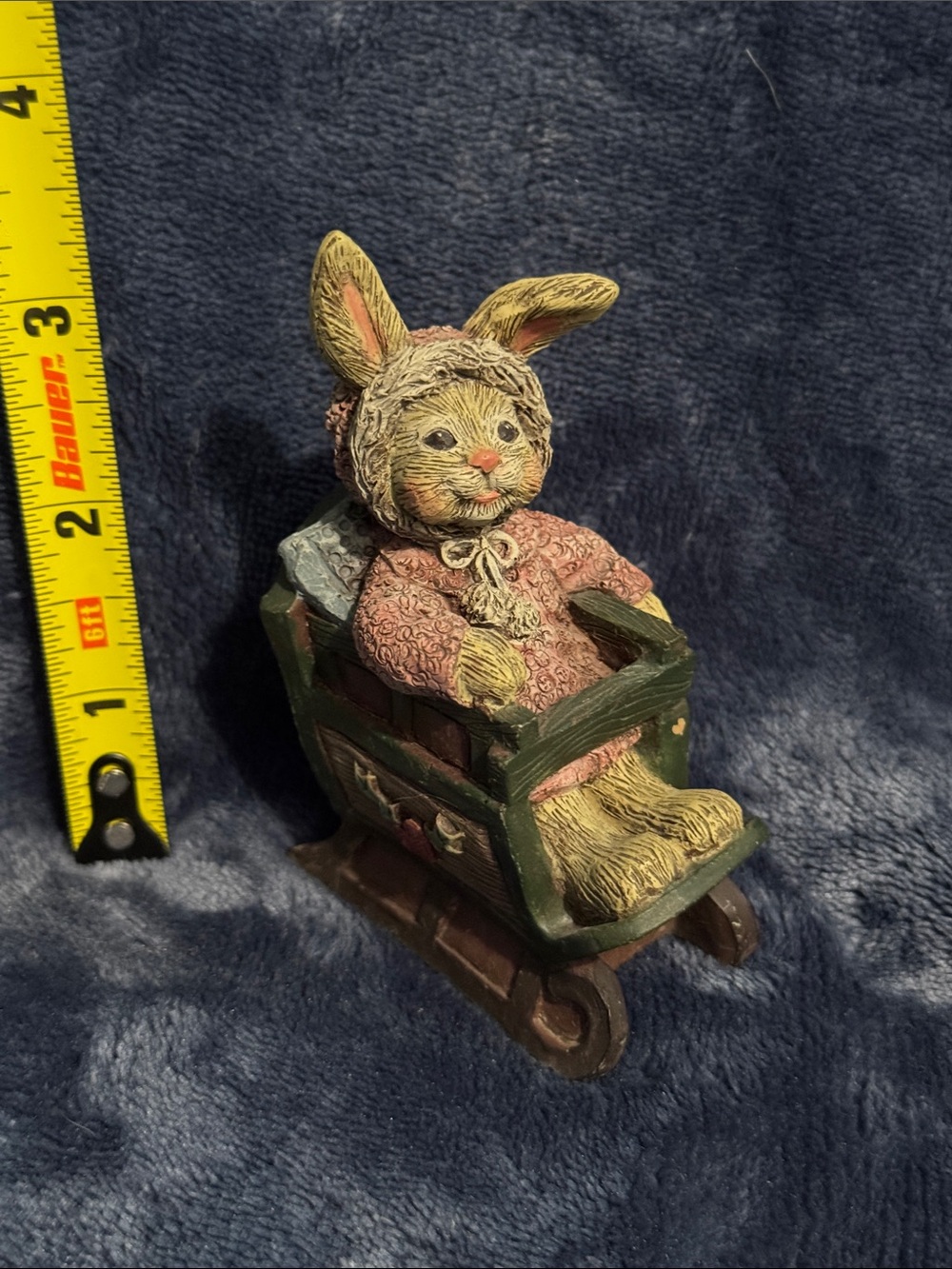 Hand-Painted Bunny Figurine in Pink Dress Riding Green Sled Sarah’s Attic